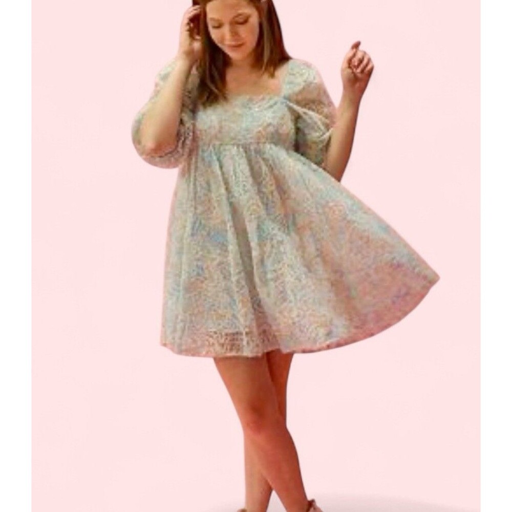 Storia Anthropologie Babydoll Mini Dress Puff Sleeves Blue Tan SMALL Coquette